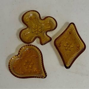 Vintage Indiana Glass Amber Heart Diamond Club Shaped Bridge Trinket Ring Dishes